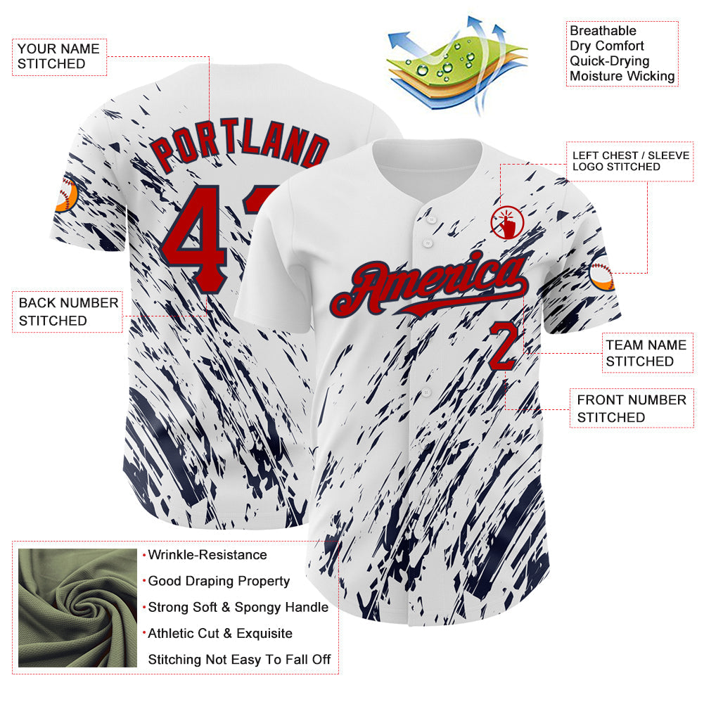 Custom White Red-Navy 3D Pattern Design Abstract Splash Authentic Baseball Jersey view 3
