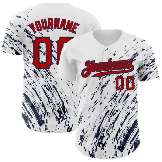 Custom White Red-Navy 3D Pattern Design Abstract Splash Authentic Baseball Jersey - Main View