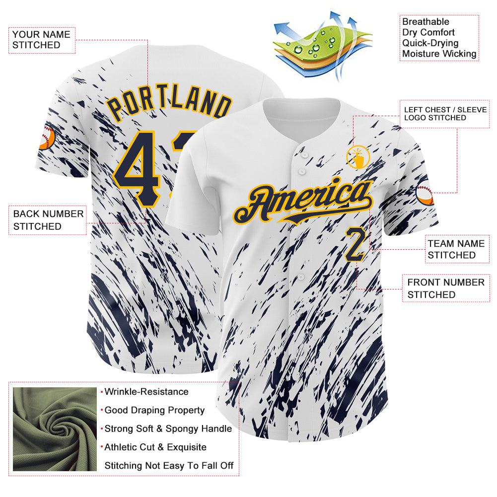 Custom White Navy-Gold 3D Pattern Design Abstract Splash Authentic Baseball Jersey view 3