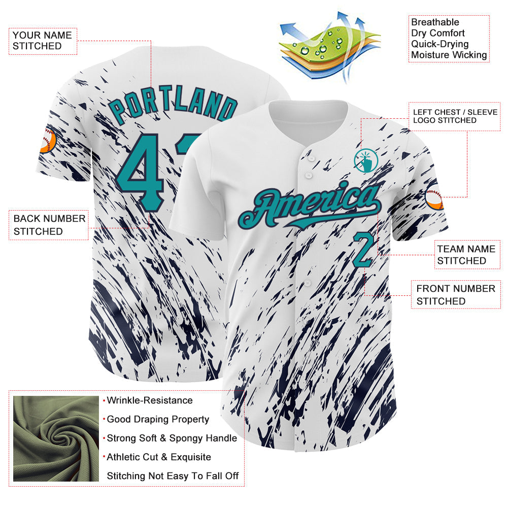Custom White Teal-Navy 3D Pattern Design Abstract Splash Authentic Baseball Jersey view 3