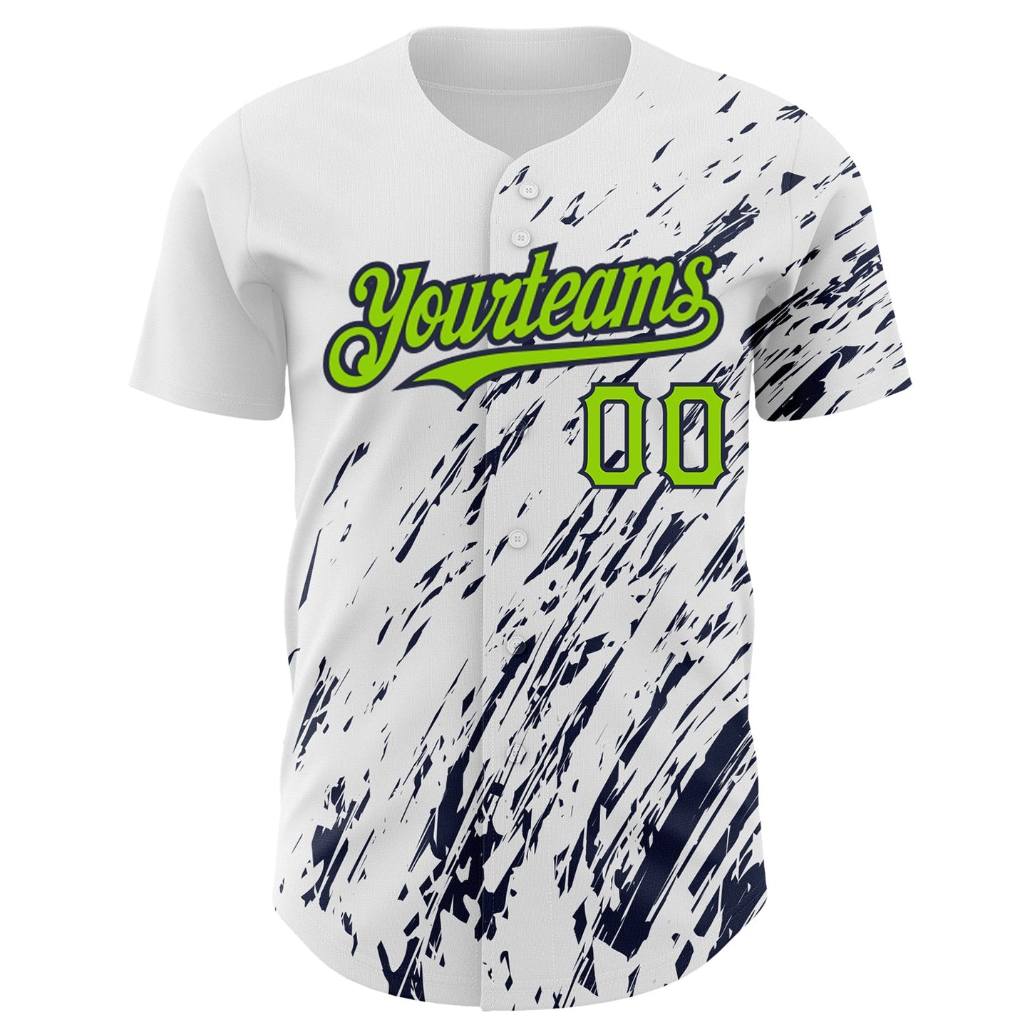 Custom White Neon Green-Navy 3D Pattern Design Abstract Splash Authentic Baseball Jersey view 2