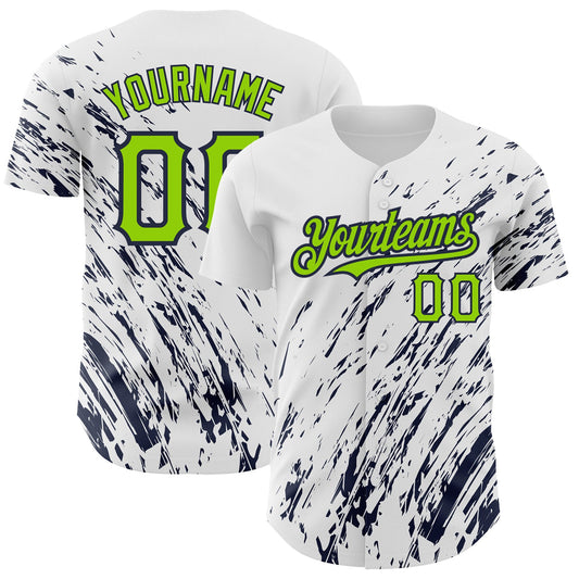 Custom White Neon Green-Navy 3D Pattern Design Abstract Splash Authentic Baseball Jersey - Main View