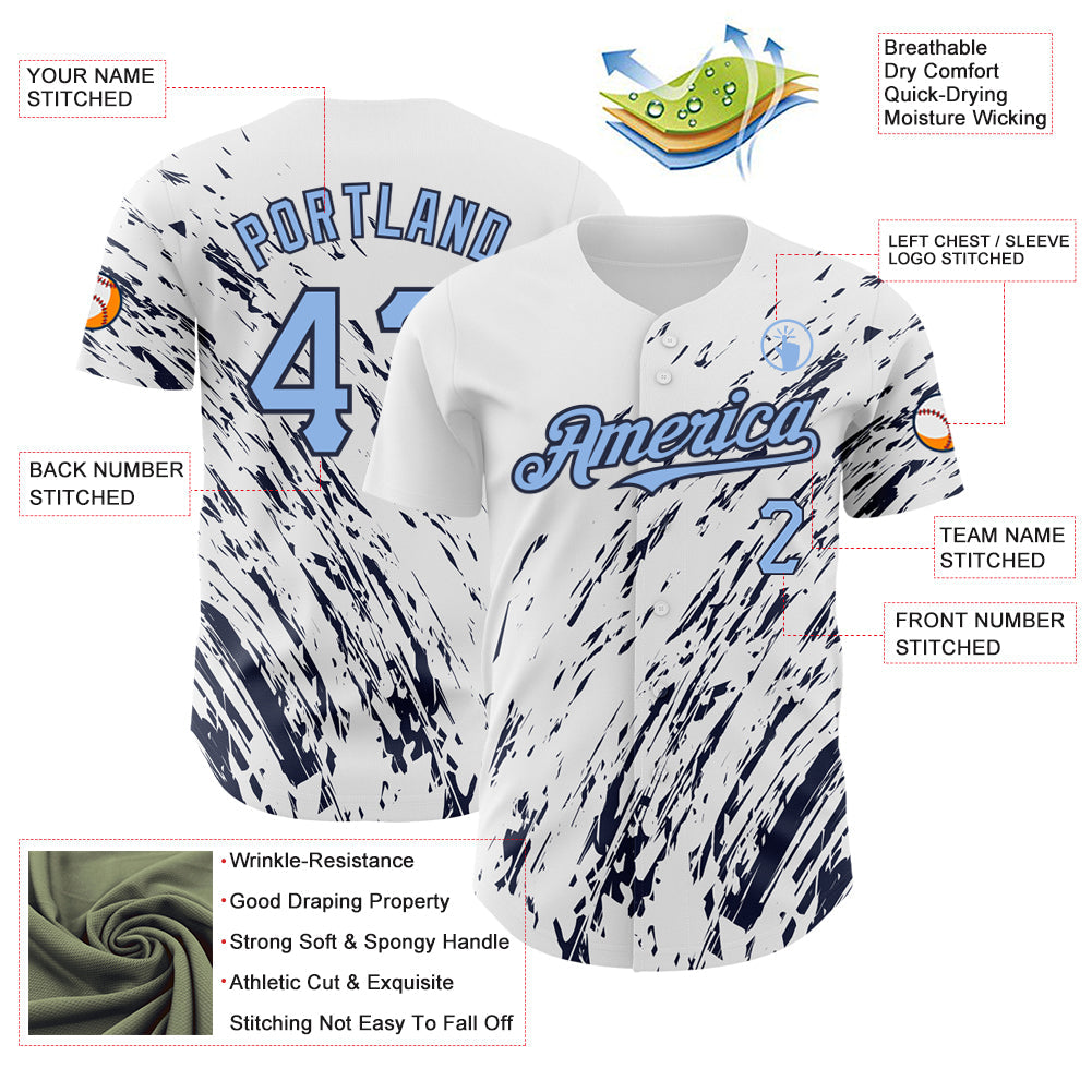 Custom White Light Blue-Navy 3D Pattern Design Abstract Splash Authentic Baseball Jersey view 3