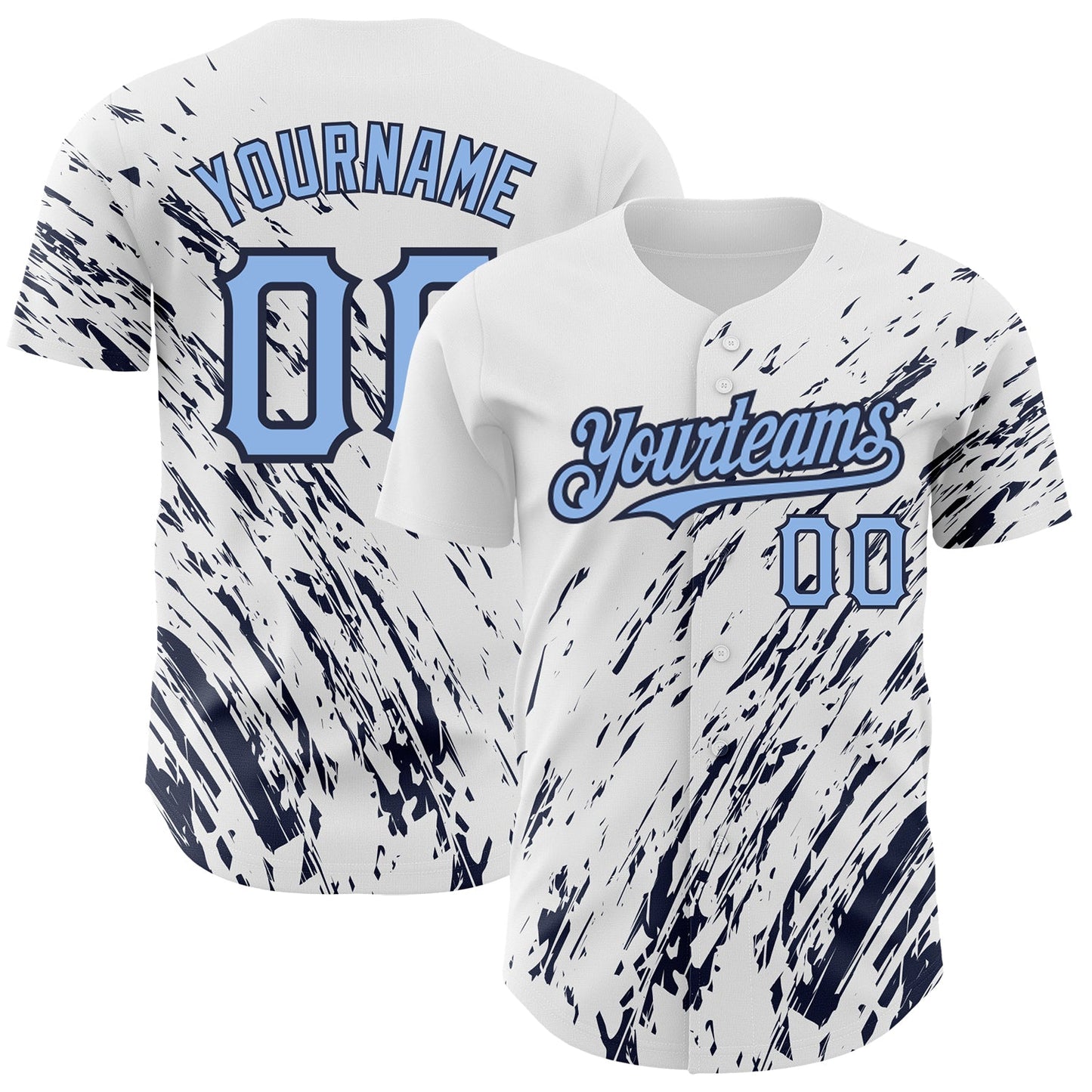 Custom White Light Blue-Navy 3D Pattern Design Abstract Splash Authentic Baseball Jersey - Main View