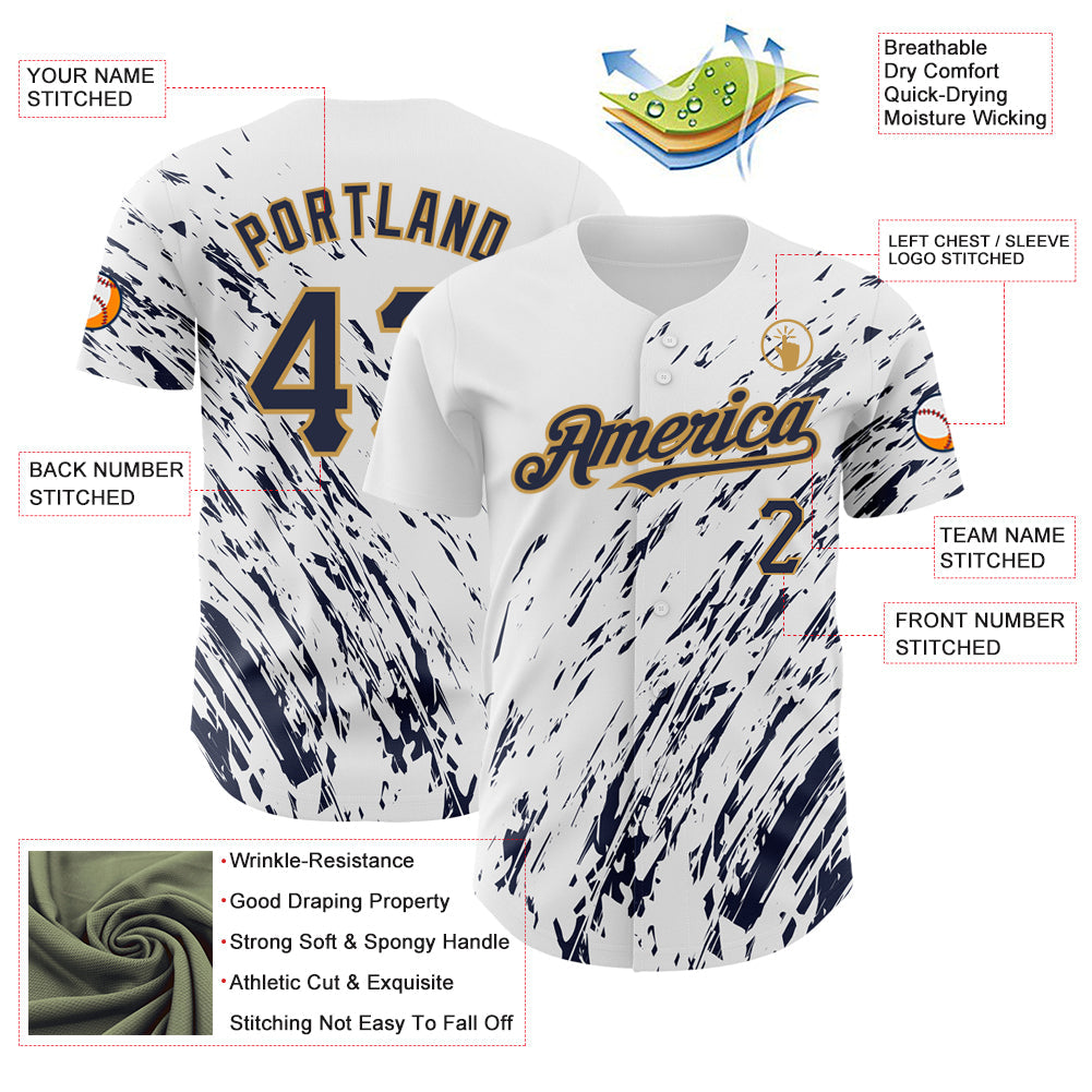 Custom White Navy-Old Gold 3D Pattern Design Abstract Splash Authentic Baseball Jersey view 3