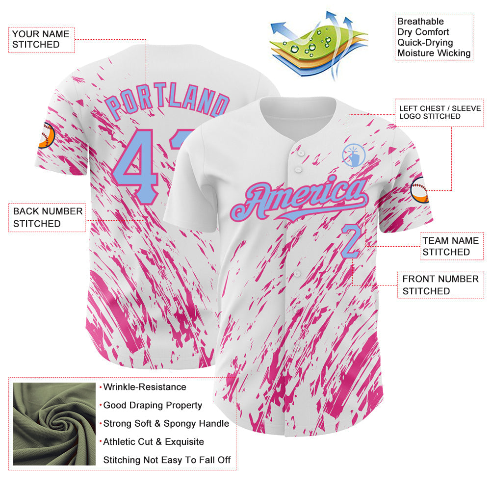 Custom White Light Blue-Pink 3D Pattern Design Abstract Splash Authentic Baseball Jersey view 3
