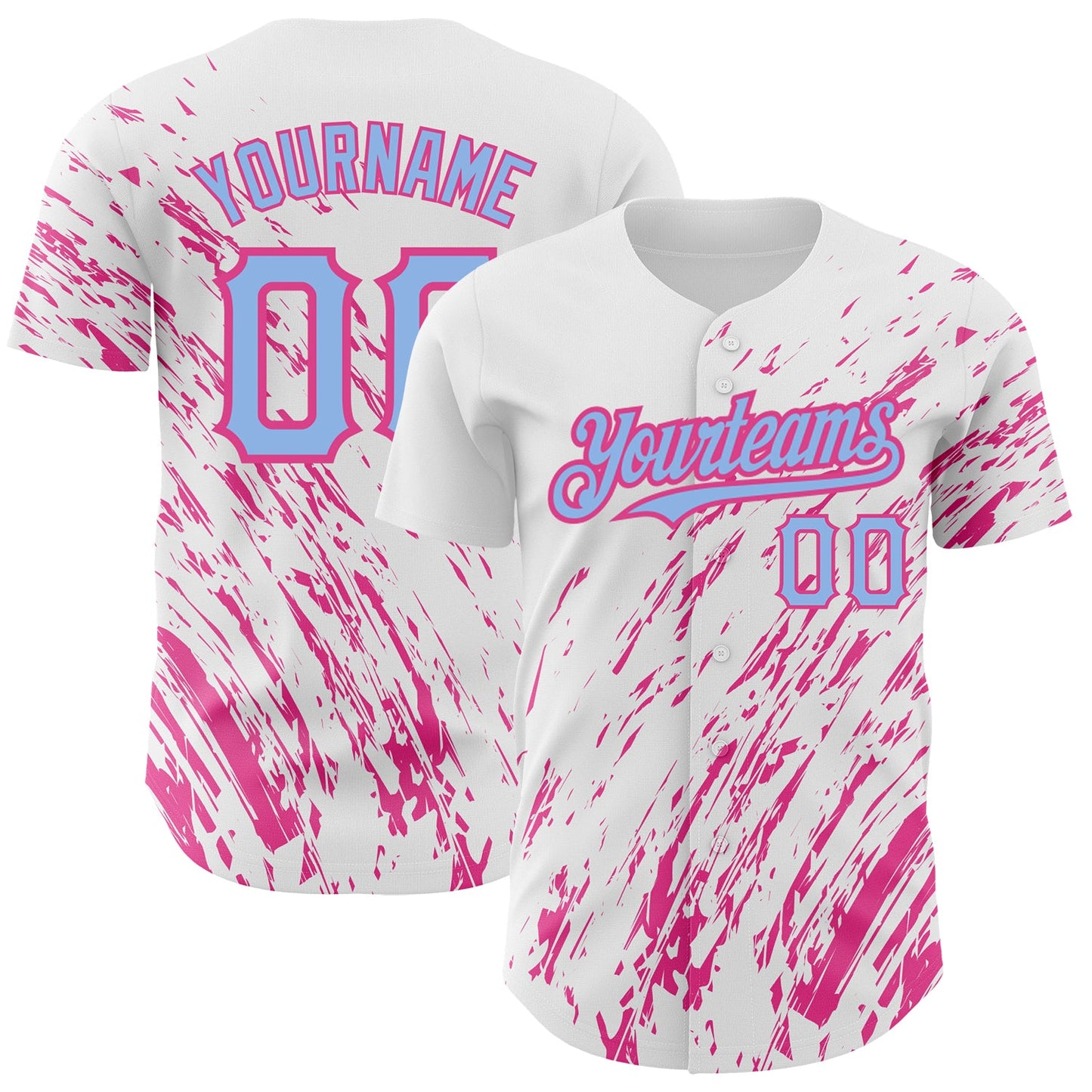 Custom White Light Blue-Pink 3D Pattern Design Abstract Splash Authentic Baseball Jersey - Main View