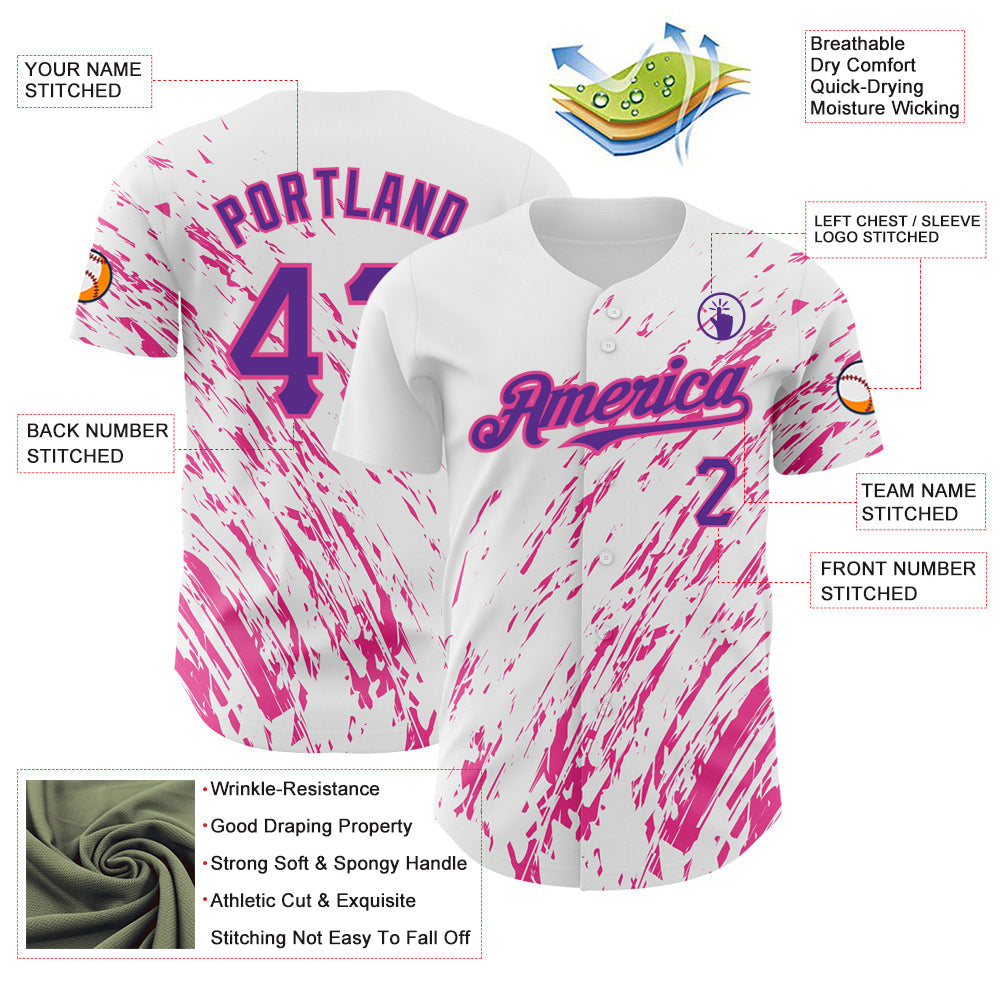 Custom White Purple-Pink 3D Pattern Design Abstract Splash Authentic Baseball Jersey view 3