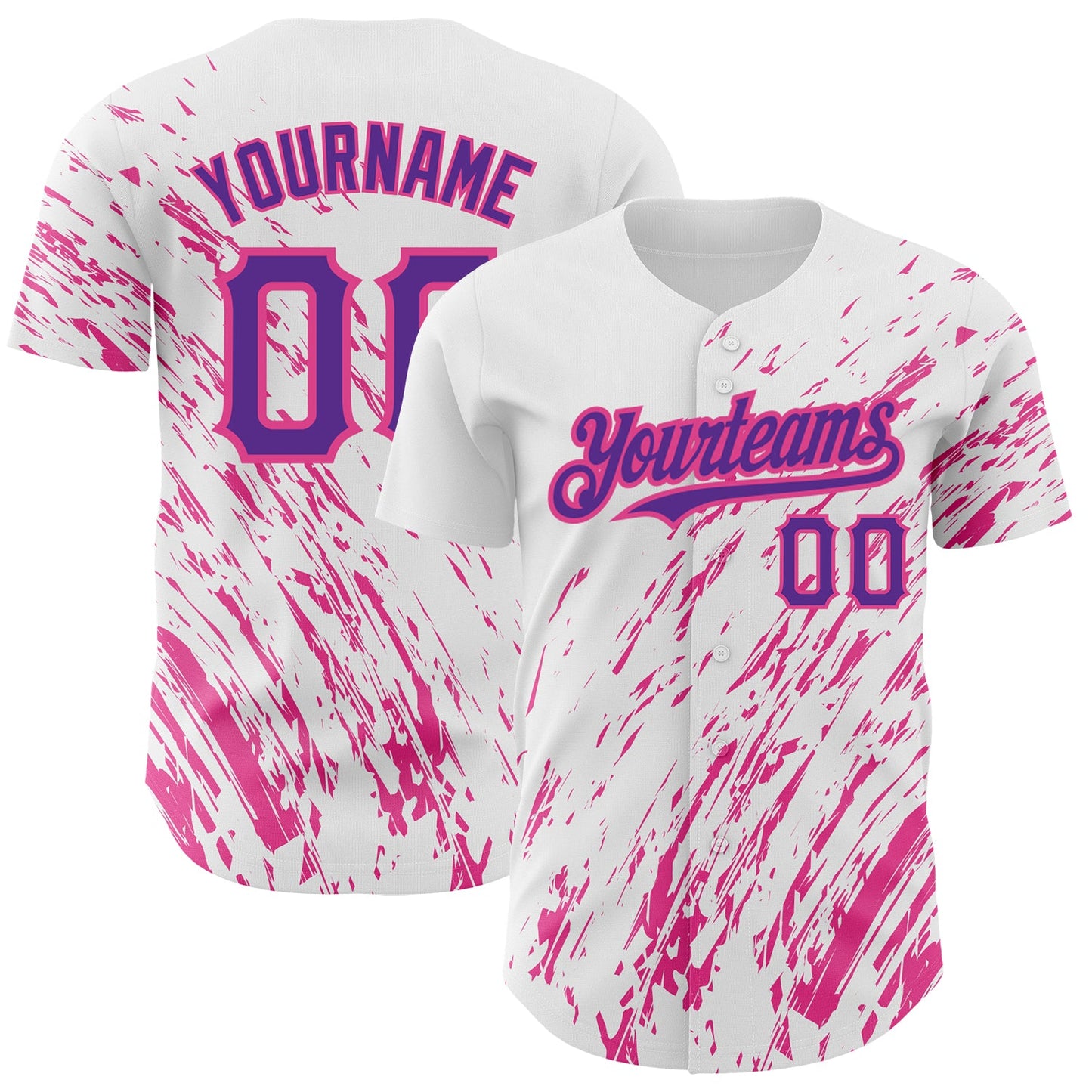 Custom White Purple-Pink 3D Pattern Design Abstract Splash Authentic Baseball Jersey - Main View