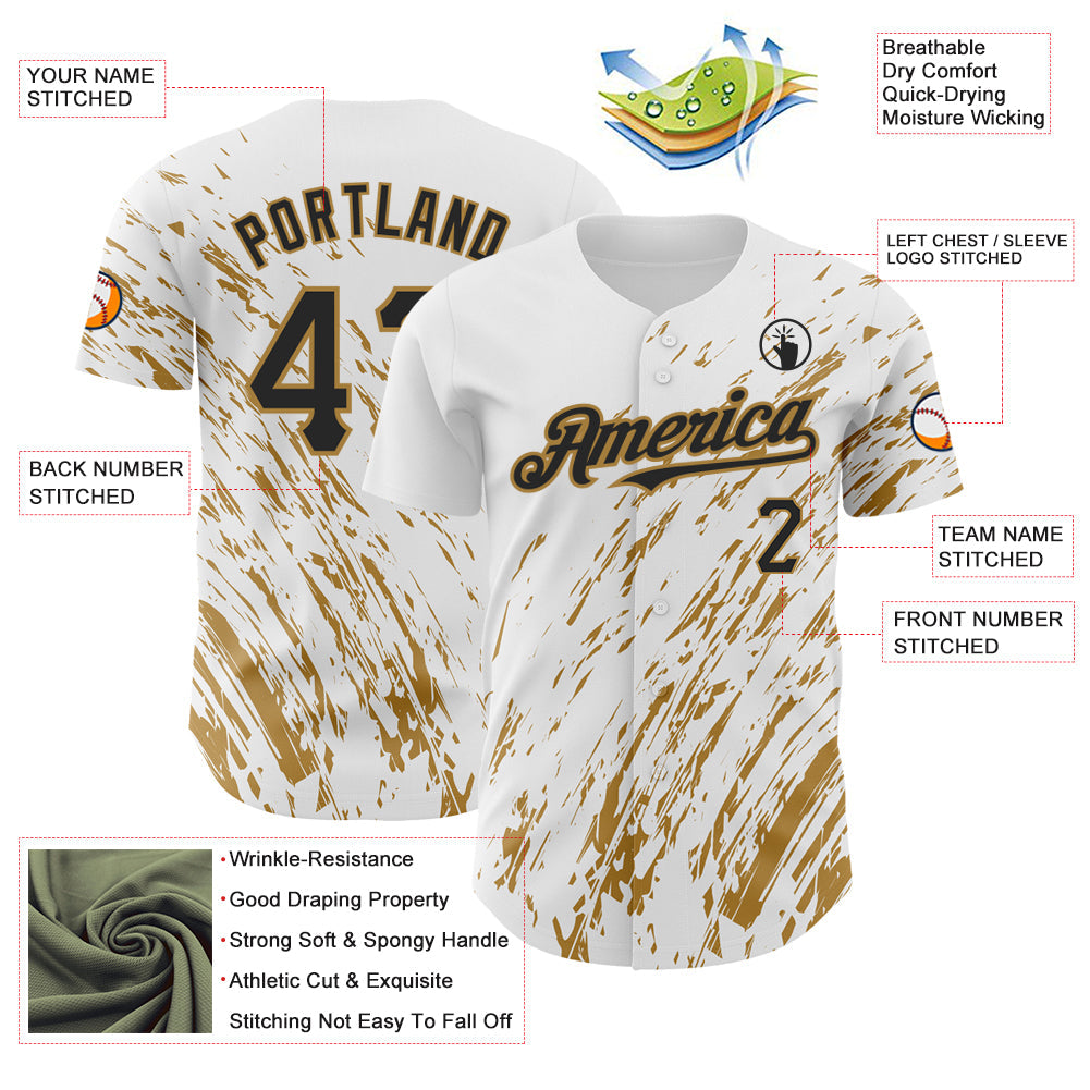 Custom White Black-Old Gold 3D Pattern Design Abstract Splash Authentic Baseball Jersey view 3