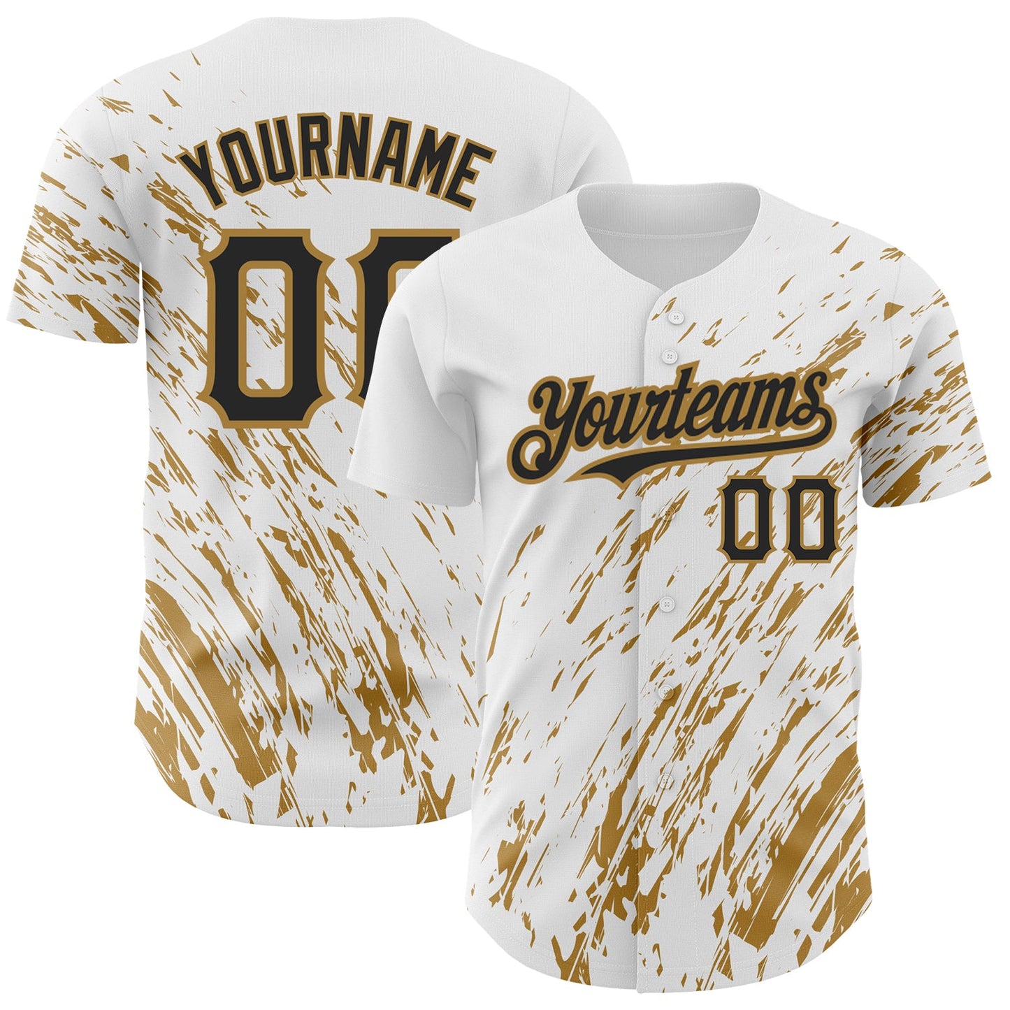 Custom White Black-Old Gold 3D Pattern Design Abstract Splash Authentic Baseball Jersey - Main View