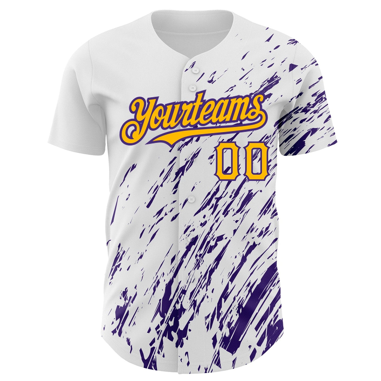 Custom White Gold-Purple 3D Pattern Design Abstract Splash Authentic Baseball Jersey view 2