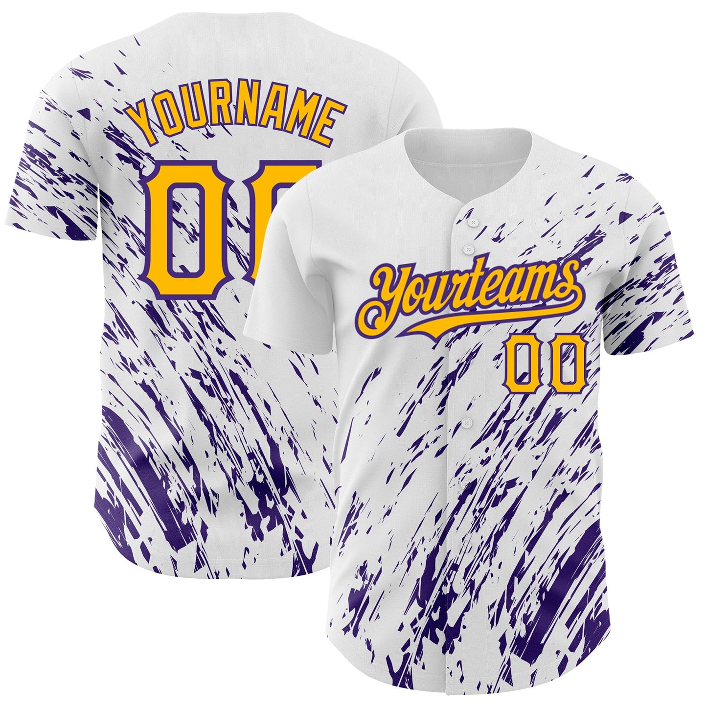 Custom White Gold-Purple 3D Pattern Design Abstract Splash Authentic Baseball Jersey - Main View