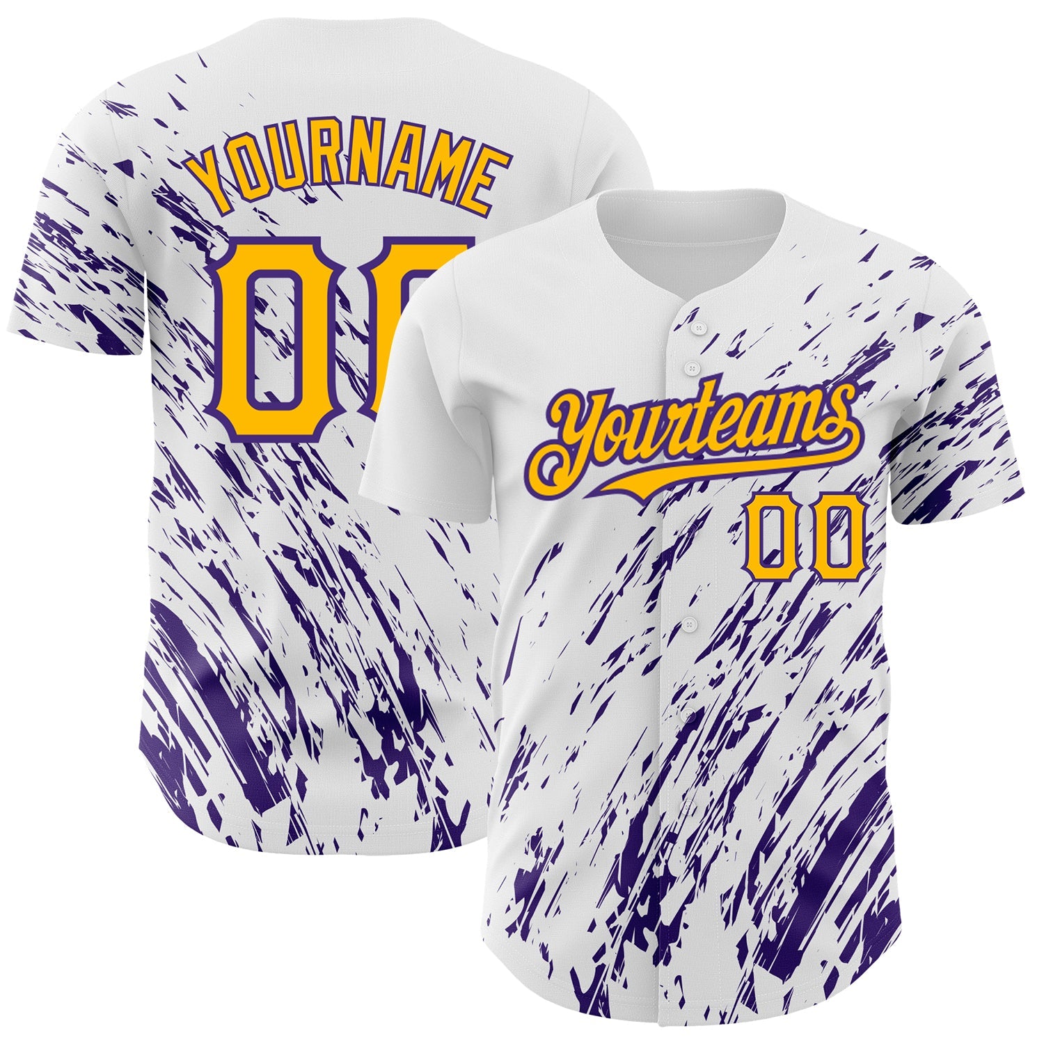 Custom White Gold-Purple 3D Pattern Design Abstract Splash Authentic Baseball Jersey - Main View