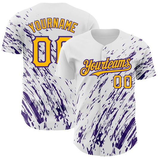 Custom White Gold-Purple 3D Pattern Design Abstract Splash Authentic Baseball Jersey - Main View