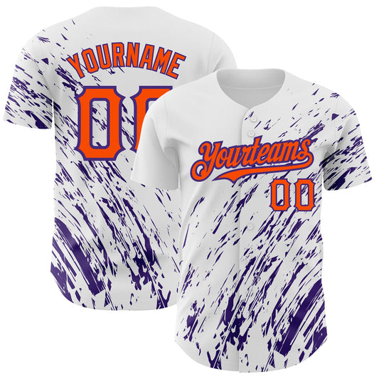 Custom White Orange-Purple 3D Pattern Design Abstract Splash Authentic Baseball Jersey - Main View