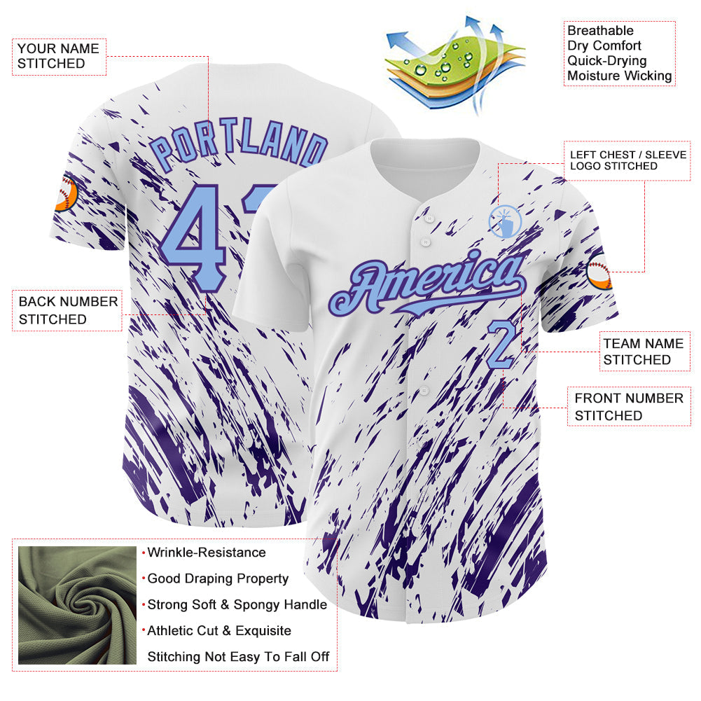 Custom White Light Blue-Purple 3D Pattern Design Abstract Splash Authentic Baseball Jersey view 3
