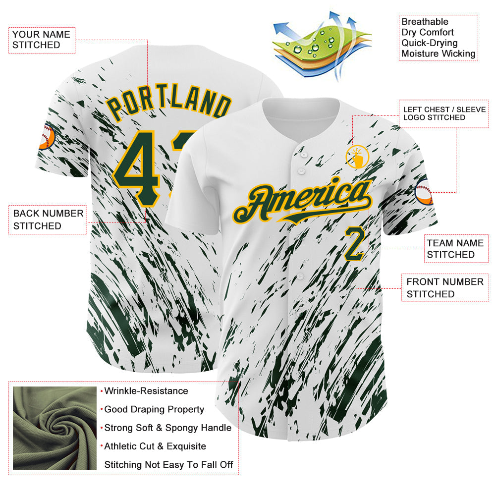 Custom White Green-Gold 3D Pattern Design Abstract Splash Authentic Baseball Jersey view 3