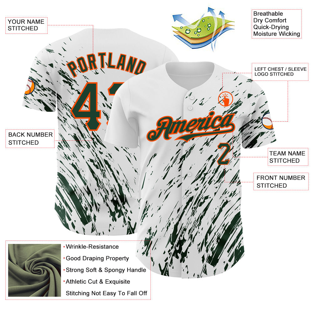 Custom White Green-Orange 3D Pattern Design Abstract Splash Authentic Baseball Jersey view 3