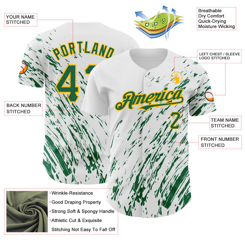 Custom White Kelly Green-Gold 3D Pattern Design Abstract Splash Authentic Baseball Jersey view 3
