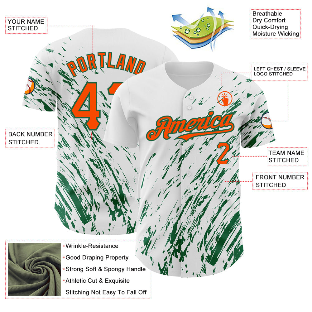 Custom White Orange-Kelly Green 3D Pattern Design Abstract Splash Authentic Baseball Jersey view 3