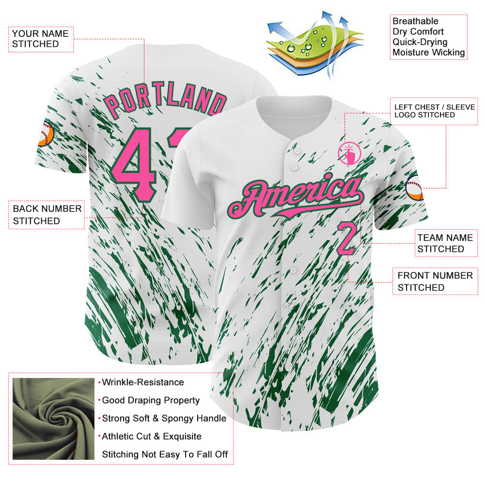 Custom White Pink-Kelly Green 3D Pattern Design Abstract Splash Authentic Baseball Jersey view 3