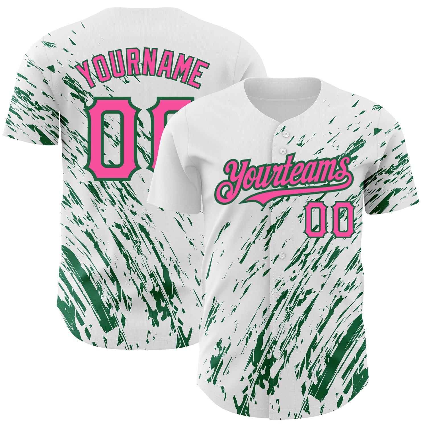 Custom White Pink-Kelly Green 3D Pattern Design Abstract Splash Authentic Baseball Jersey - Main View