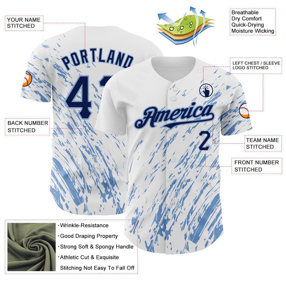 Custom White Navy-Light Blue 3D Pattern Design Abstract Splash Authentic Baseball Jersey view 3