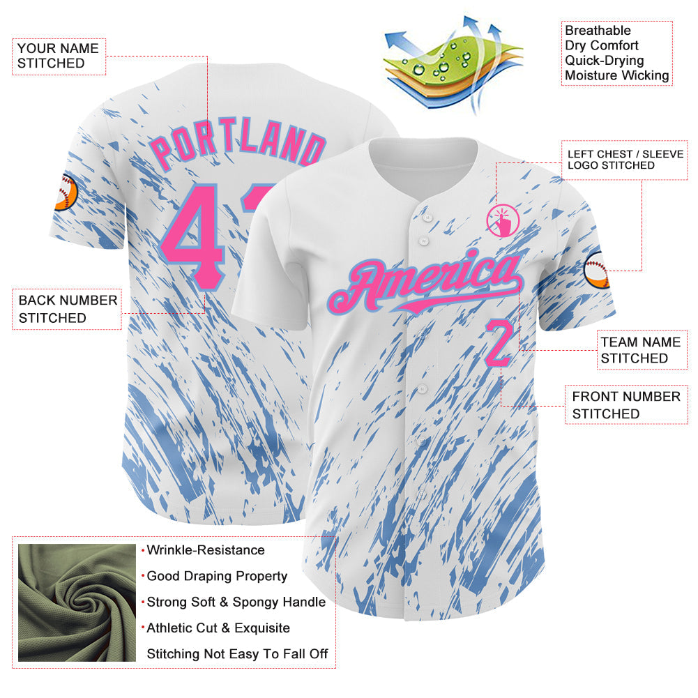 Custom White Pink-Light Blue 3D Pattern Design Abstract Splash Authentic Baseball Jersey view 3