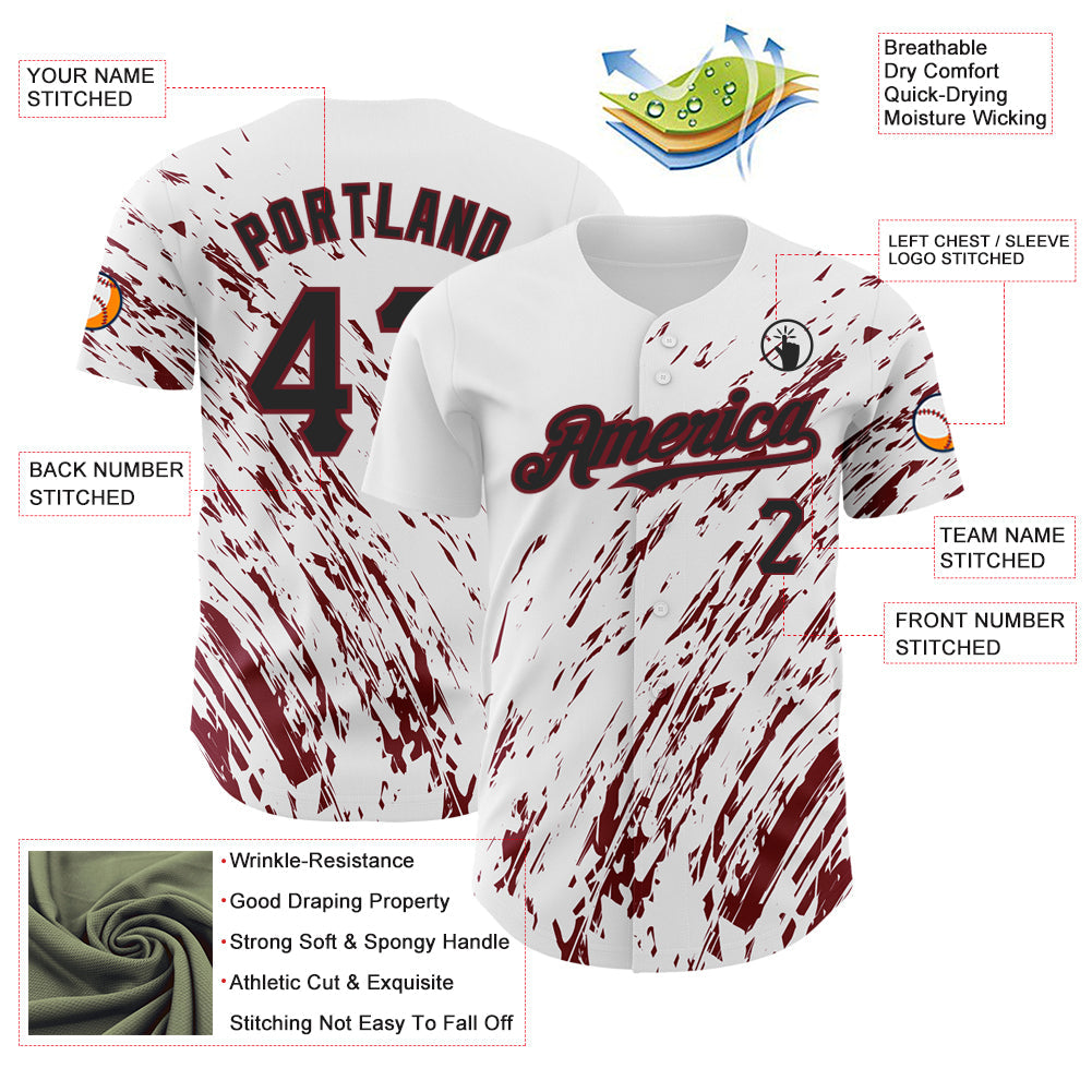 Custom White Black-Crimson 3D Pattern Design Abstract Splash Authentic Baseball Jersey view 3