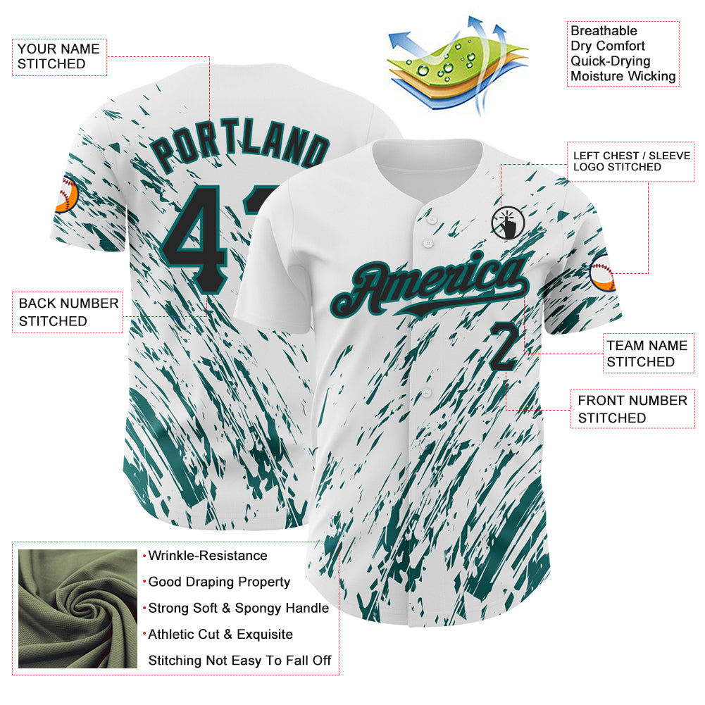 Custom White Black-Teal 3D Pattern Design Abstract Splash Authentic Baseball Jersey view 3