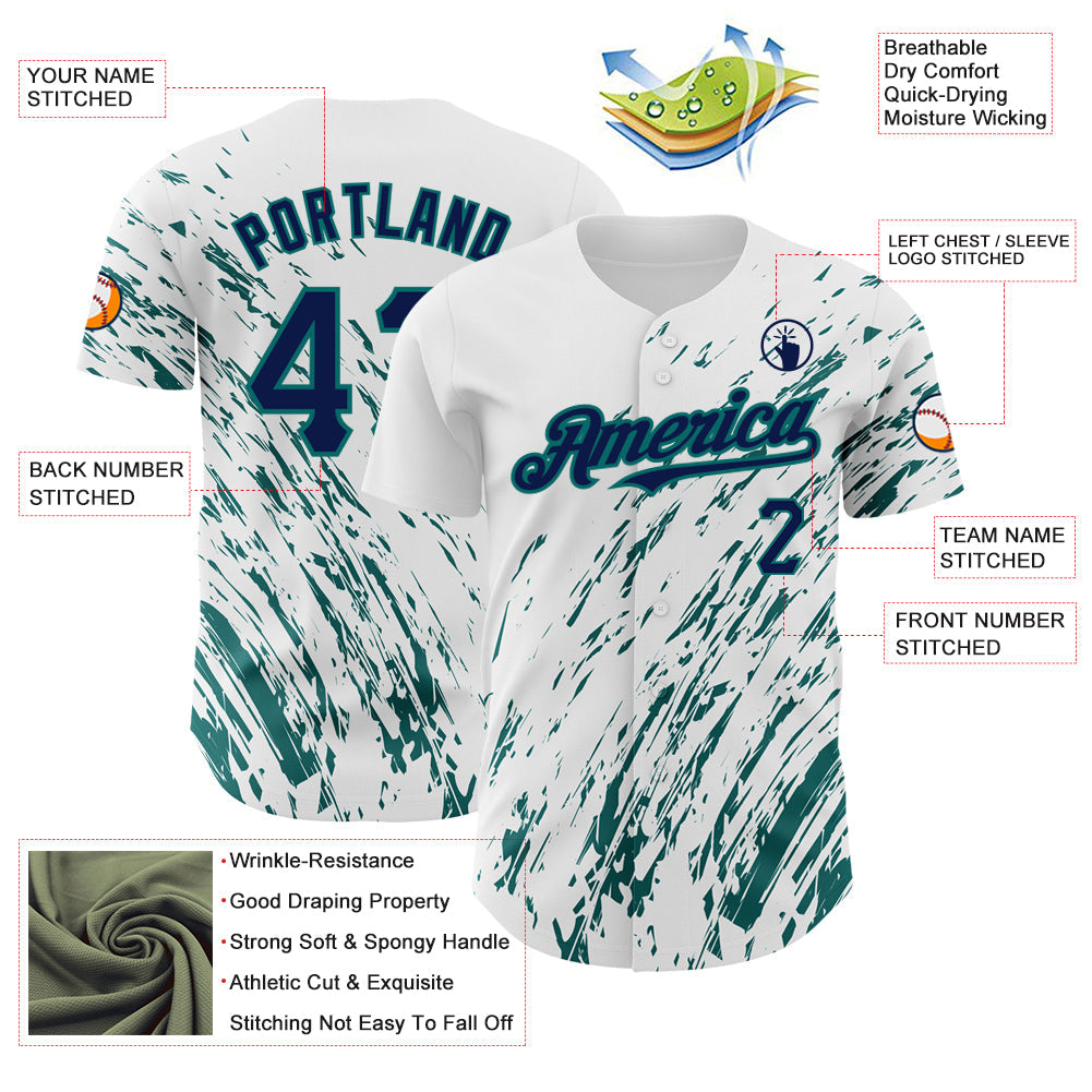 Custom White Navy-Teal 3D Pattern Design Abstract Splash Authentic Baseball Jersey view 3