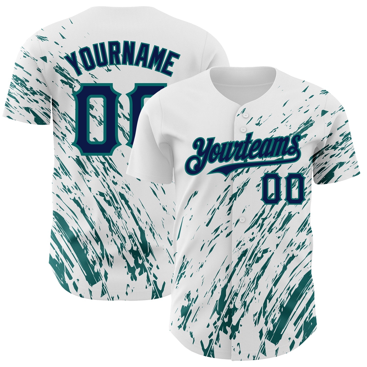 Custom White Navy-Teal 3D Pattern Design Abstract Splash Authentic Baseball Jersey - Main View