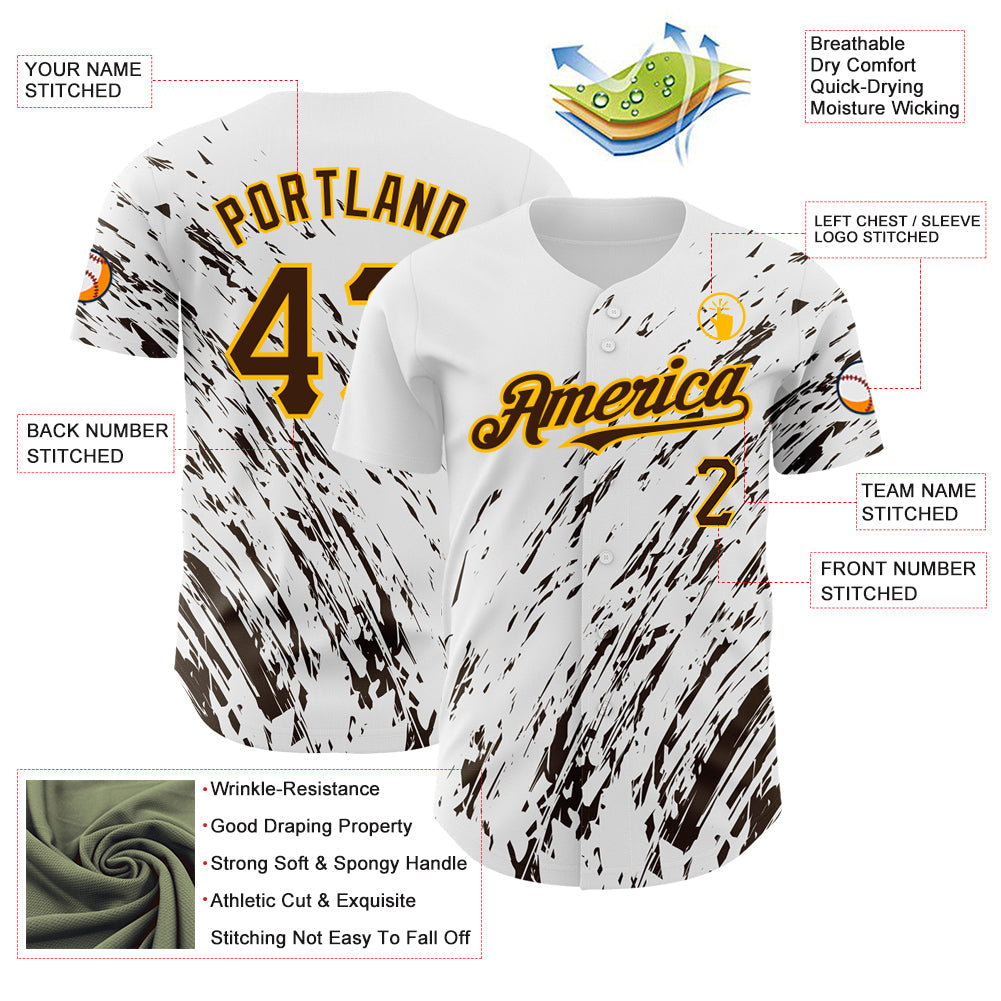 Custom White Brown-Gold 3D Pattern Design Abstract Splash Authentic Baseball Jersey view 3