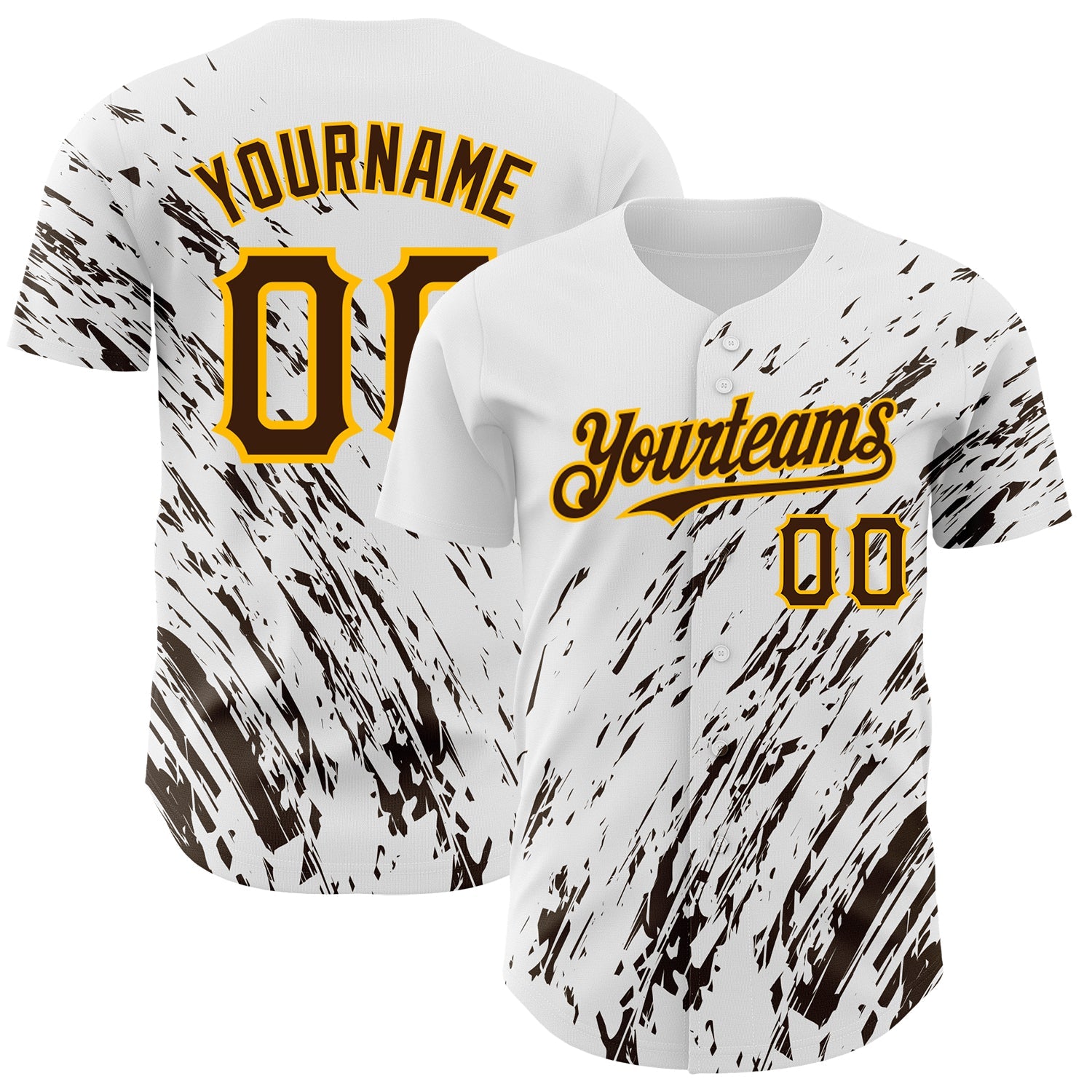 Custom White Brown-Gold 3D Pattern Design Abstract Splash Authentic Baseball Jersey - Main View