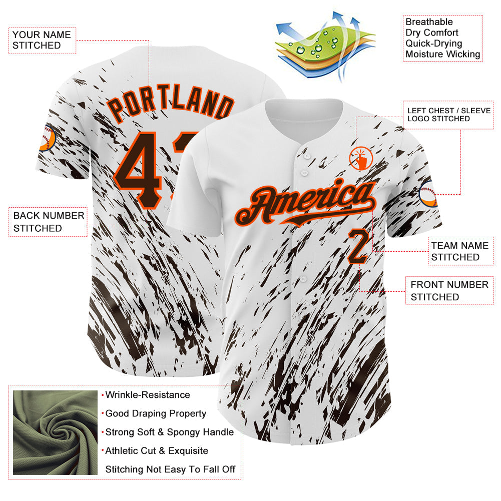 Custom White Brown-Orange 3D Pattern Design Abstract Splash Authentic Baseball Jersey view 3