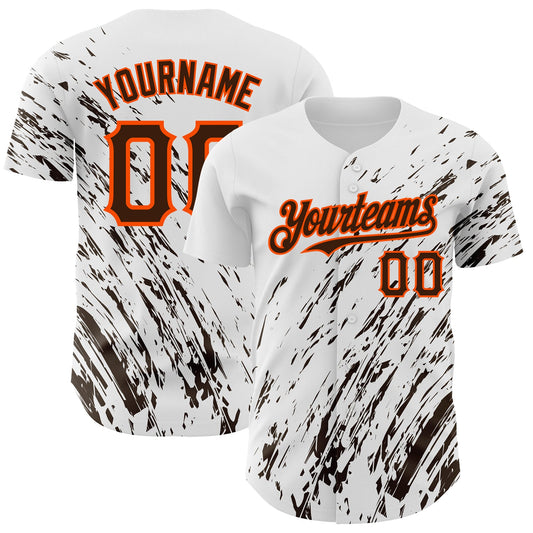 Custom White Brown-Orange 3D Pattern Design Abstract Splash Authentic Baseball Jersey - Main View