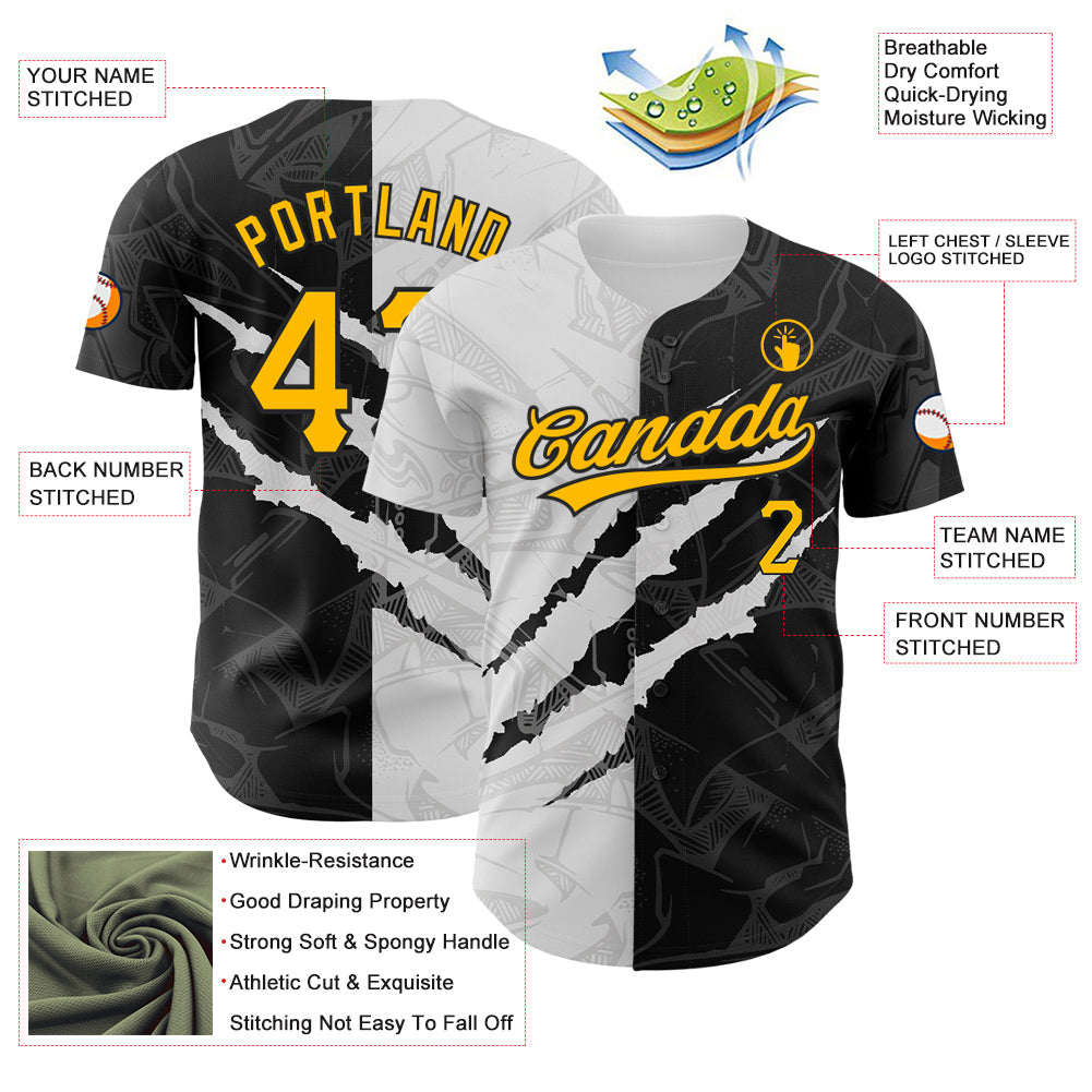 Custom Graffiti Pattern Gold-Black 3D Scratch Authentic Baseball Jersey view 3