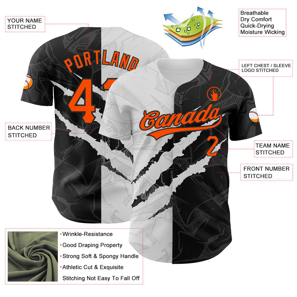 Custom Graffiti Pattern Orange-Black 3D Scratch Authentic Baseball Jersey view 3