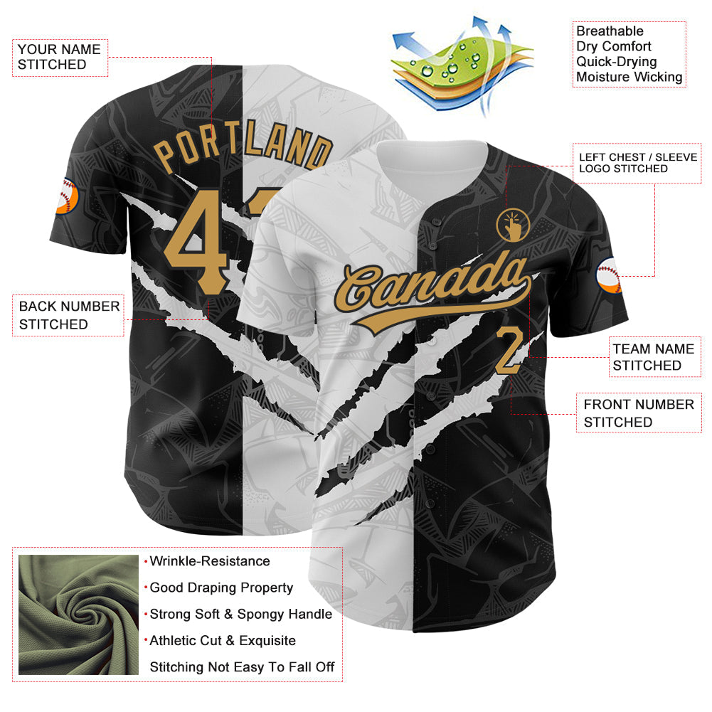Custom Graffiti Pattern Old Gold-Black 3D Scratch Authentic Baseball Jersey view 3