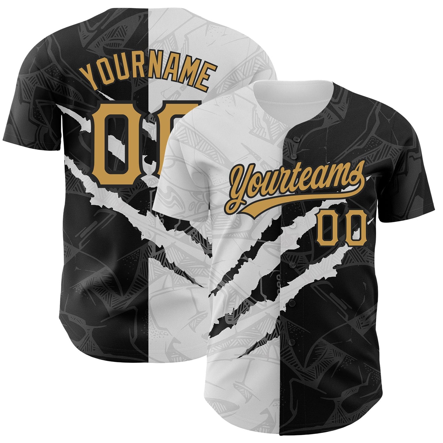 Custom Graffiti Pattern Old Gold-Black 3D Scratch Authentic Baseball Jersey - Main View