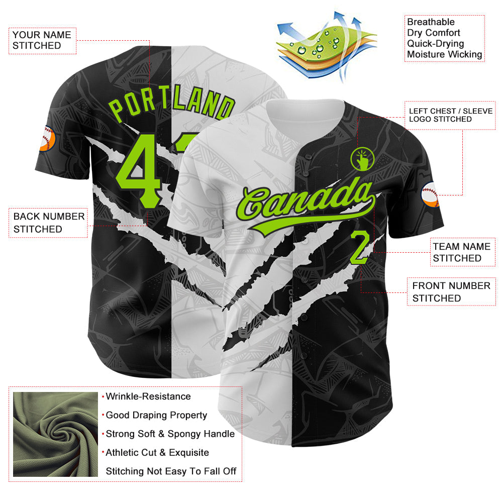 Custom Graffiti Pattern Neon Green-Black 3D Scratch Authentic Baseball Jersey view 3