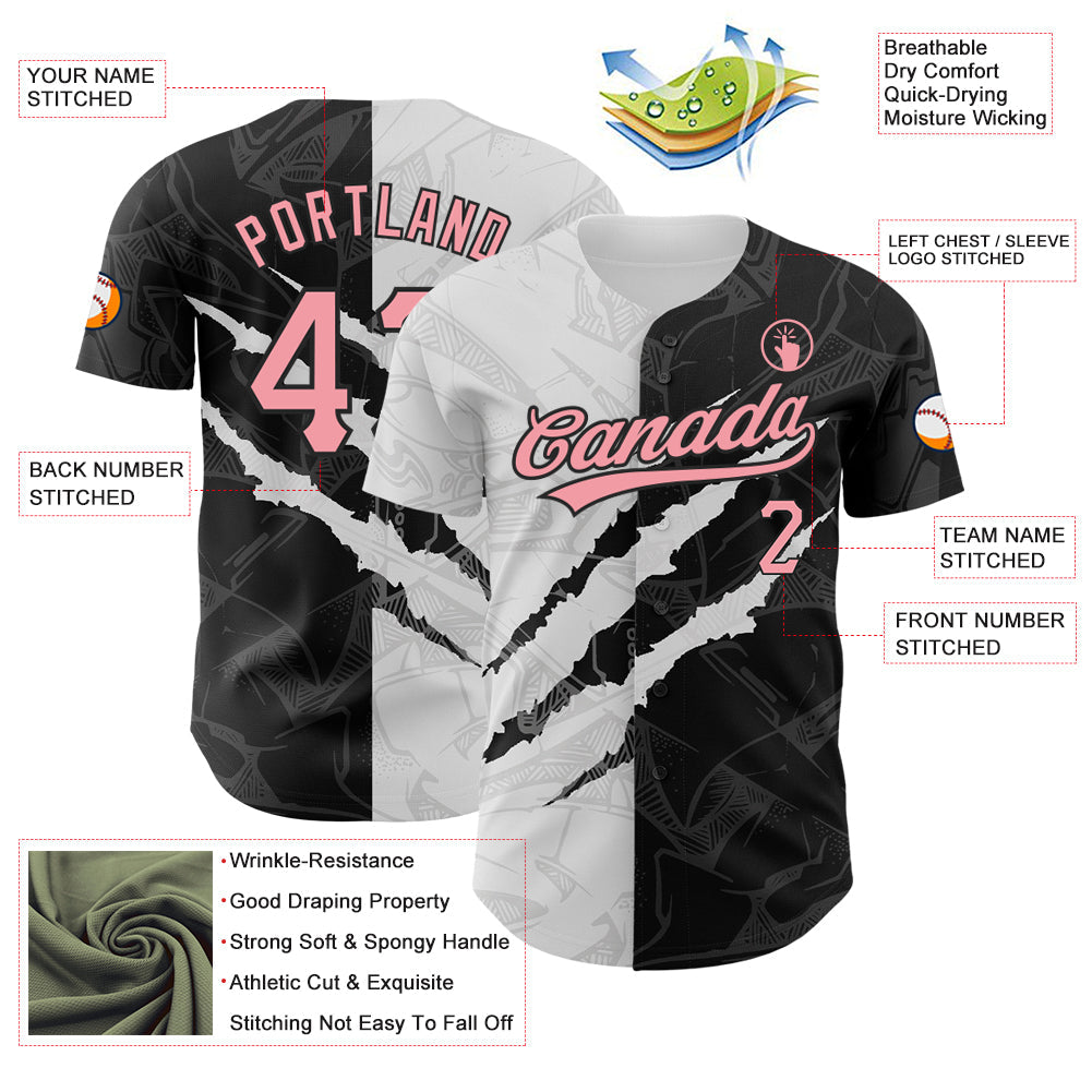 Custom Graffiti Pattern Medium Pink-Black 3D Scratch Authentic Baseball Jersey view 3