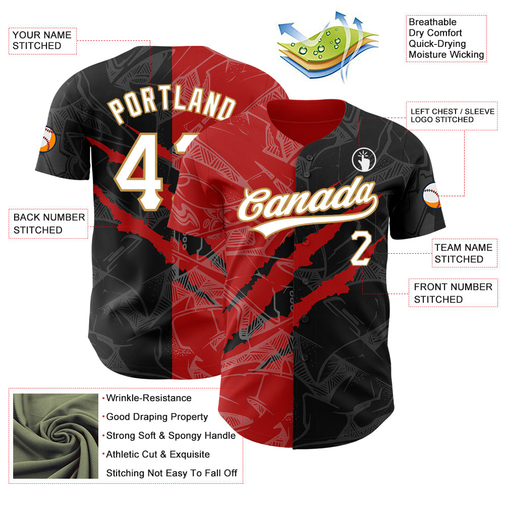 Custom Graffiti Pattern Black Red-Old Gold 3D Scratch Authentic Baseball Jersey view 3