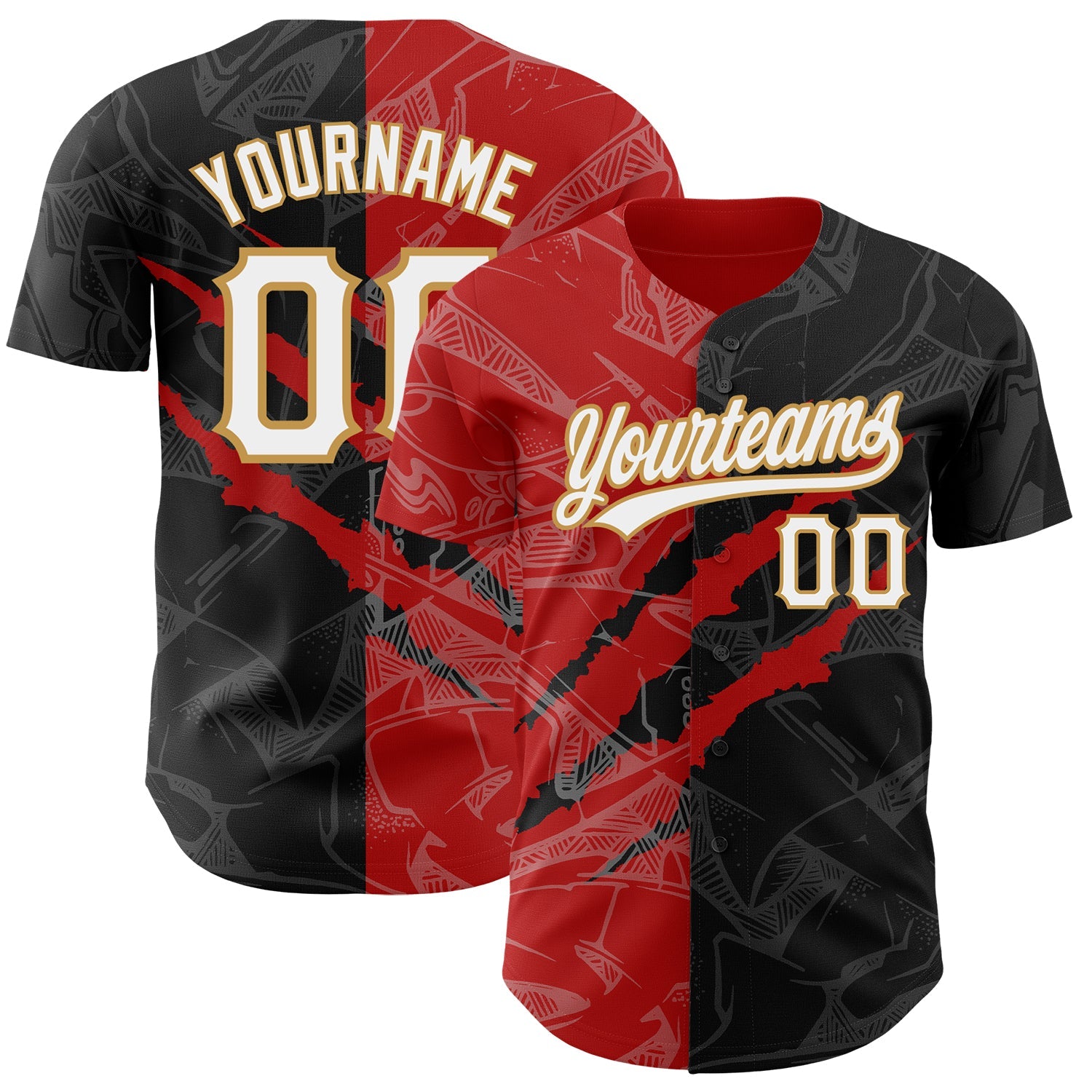 Custom Graffiti Pattern Black Red-Old Gold 3D Scratch Authentic Baseball Jersey - Main View