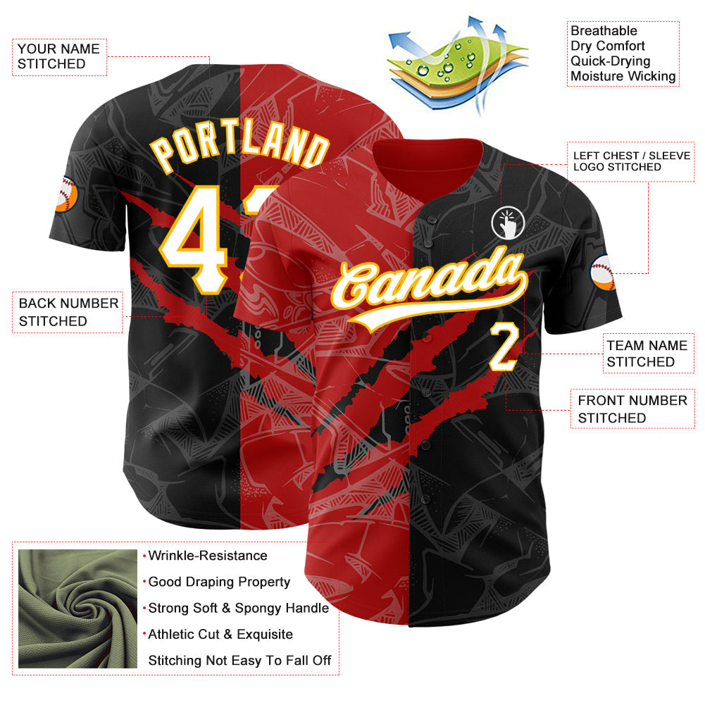 Custom Graffiti Pattern Black Red-Gold 3D Scratch Authentic Baseball Jersey view 3