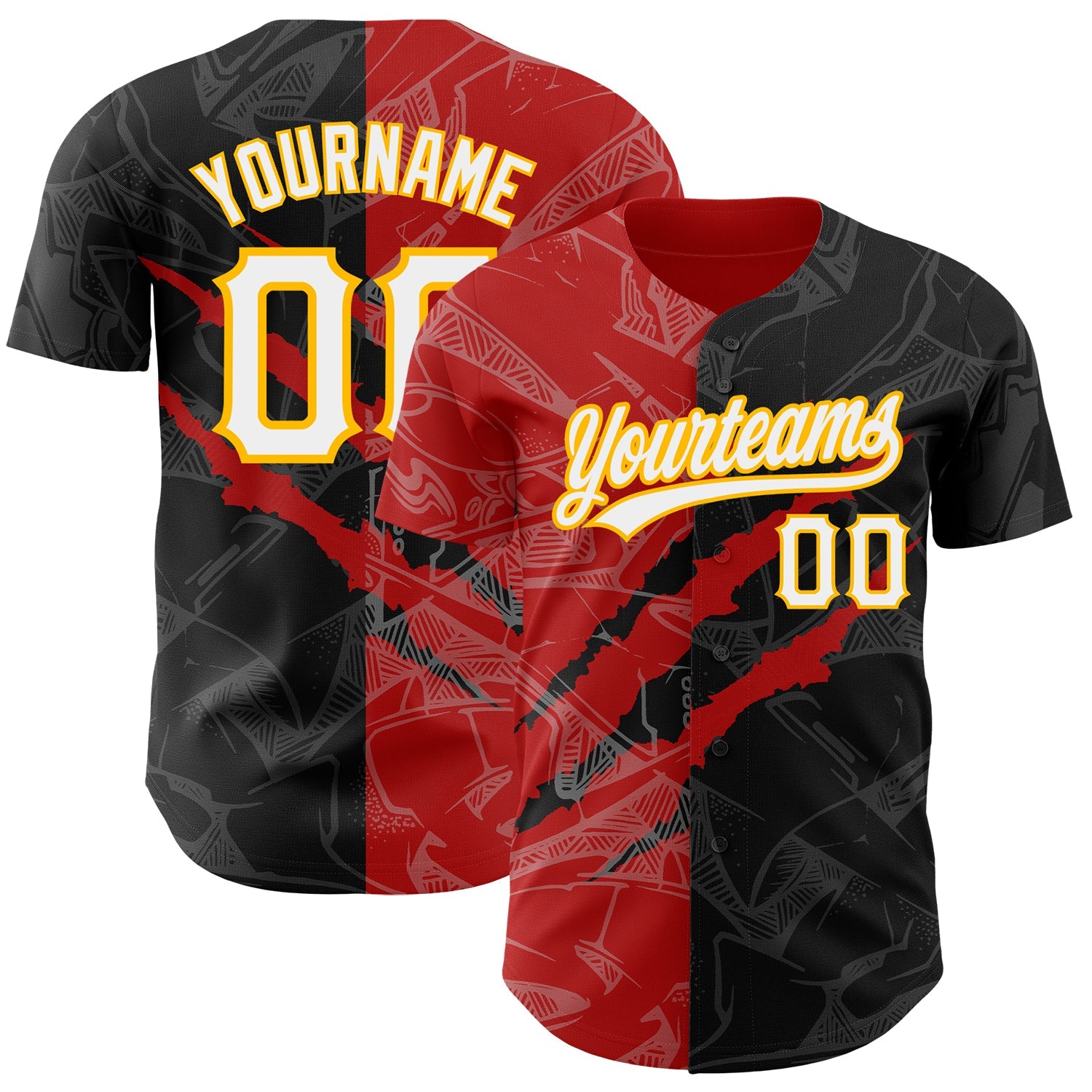Custom Graffiti Pattern Black Red-Gold 3D Scratch Authentic Baseball Jersey - Main View