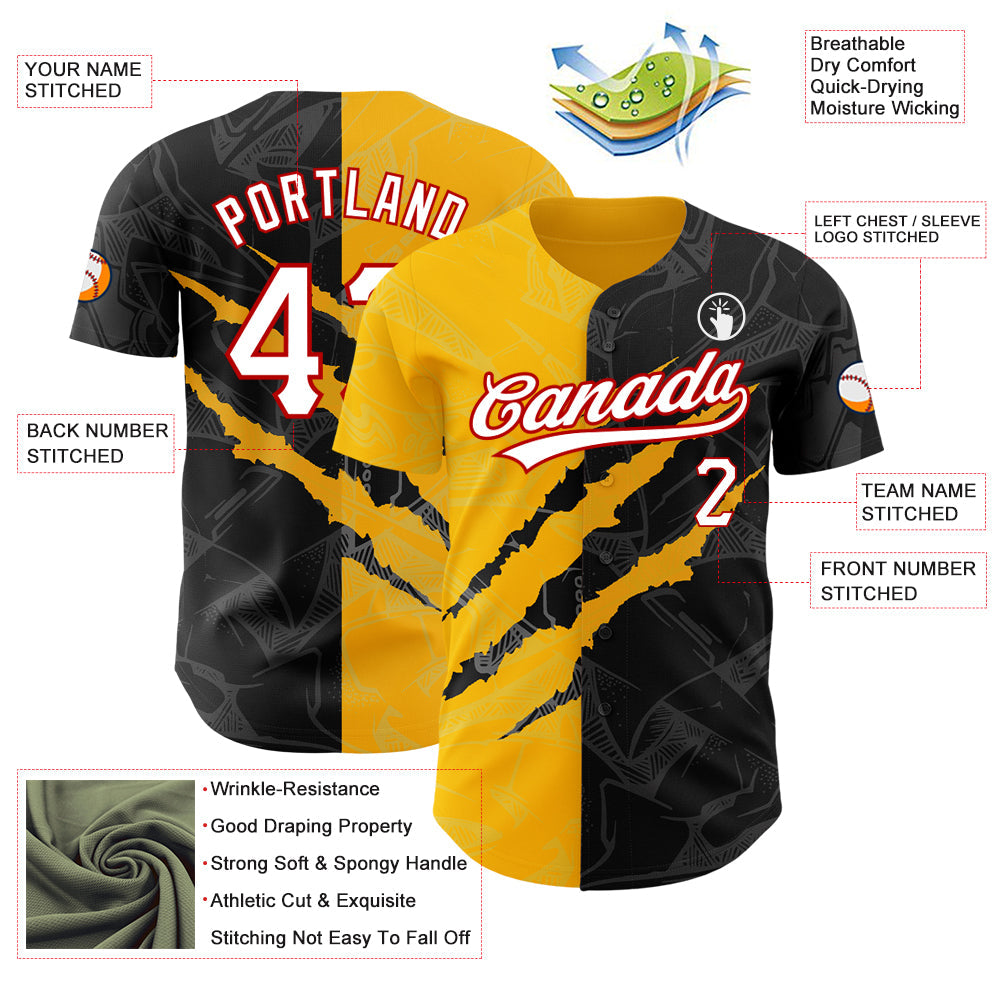 Custom Graffiti Pattern Black Gold-Red 3D Scratch Authentic Baseball Jersey view 3