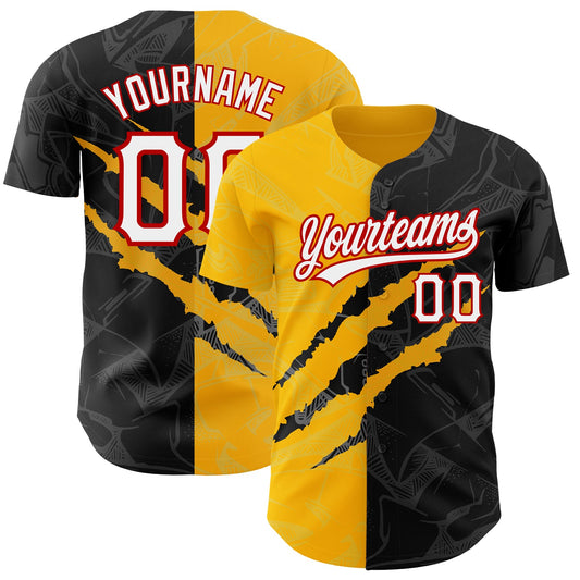 Custom Graffiti Pattern Black Gold-Red 3D Scratch Authentic Baseball Jersey - Main View