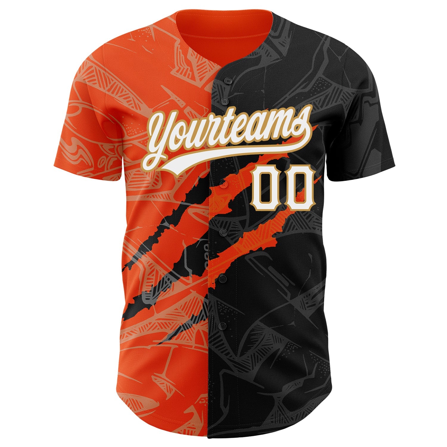 Custom Graffiti Pattern Black Orange-Old Gold 3D Scratch Authentic Baseball Jersey view 2